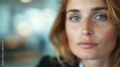 A contemplative woman with freckles and blonde hair looks ahead with a serious expression, embodying focus and dedication in a professional setting.