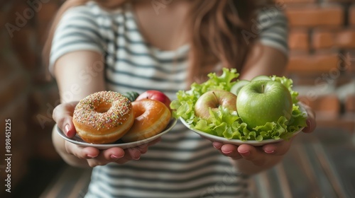 Woman rejecting junk food or unhealthy food such as donuts and choosing healthy food such as a green apple and salad for having a good health. Dieting and good health concept