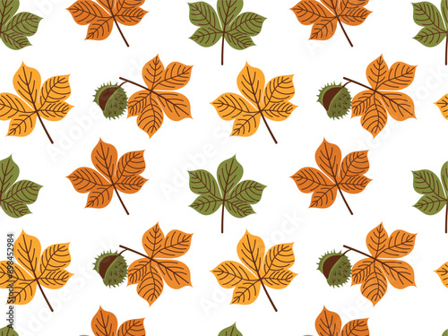 Seamless pattern with autumn chestnuts on a branch with colorful leaves.