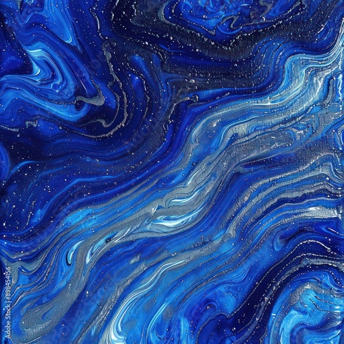 13. Ultramarine blue and silver liquid paint with ripple effect, abstract pattern, dynamic and eye-catching