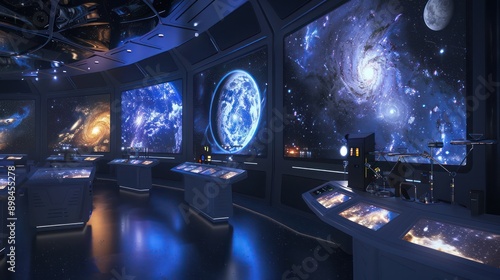 digital space observatory where astronomers conduct virtual stargazing sessions, with screens displaying live cosmic events