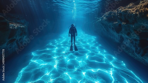 An underwater diver is captured in the clear blue waters, navigating near a rocky terrain, emphasizing the tranquility and beauty of marine exploration amongst natural rock formations.