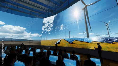 digital symposium on renewable energy, where experts discuss advancements in solar and wind energy on interactive screens