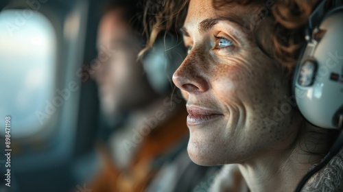 The image portrays a pilot in a cockpit, wearing headphones with a background of an airplane window and controls, capturing the essence of aviation and pilot's environment.