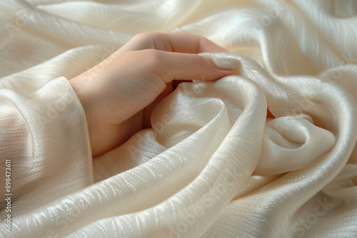 Close-up of a gentle hand softly draping luxurious, silky white fabric, creating elegant folds and luminous textures, conveying softness and elegance.