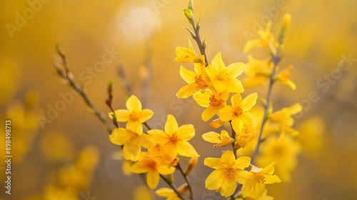 Close-up of yellow flowers ,Defocused and blurred background ,Yellow bloom of a winter jasmine bush ,A branch of yellow flowers is in the air, landscaping concept