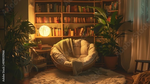 A cozy reading nook with a papasan chair, shelves filled with books