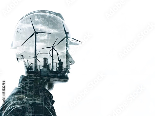 A double exposure photograph on engineer and windmills on a white background