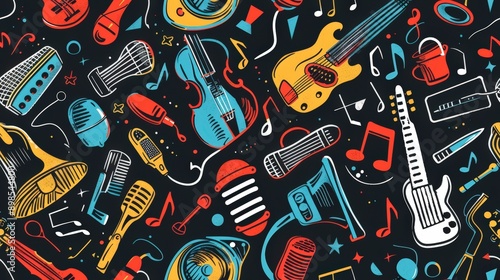 A pattern featuring colorful cartoon illustrations of various musical instruments and microphones on a black background