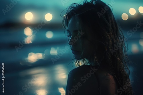 Silhouette of Young Woman with Wet Hair - Nighttime Bokeh - Melancholy Mood