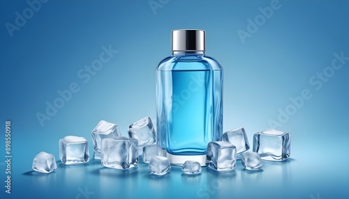 Transparent glass cosmetic bottle with crisp ice cubes on a vivid blue background, clear beauty product packaging for branding and packaging