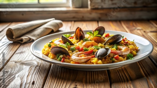 Un plato de paella con mariscos frescos, servido en un ambiente rústico con luz natural, resaltando la calidad y frescura de los ingredientes del mar.