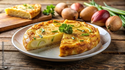 Tortilla de patatas española decorada con perejil fresco sobre una mesa de madera.