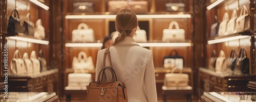 A woman shopping for luxury handbags in an upscale designer boutique, admiring the collection displayed on wooden shelves under warm lighting.