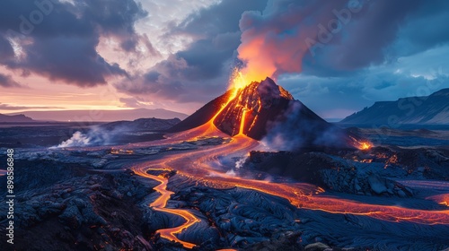 Fagradalsfjall volcano eruption and lava flow in Reykjanes Peninsula, Iceland