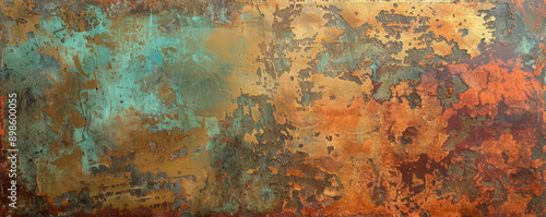 An aged metallic surface showcasing a spectrum of colors from rust-red to verdigris green, with hints of tarnished gold. The weathered texture tells a story of time and exposure to the elements.