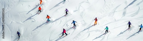 Monochrome snowscape with vibrant skiers, winter sports in action