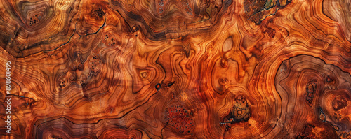 A premium redwood burl backdrop with unique grain patterns and warm, reddish tones, perfect for high-quality presentations.