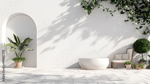 A charming courtyard with a fountain, potted plants, and comfortable seating, with copy space, high-resolution photo, cinematic image, hyper realistic