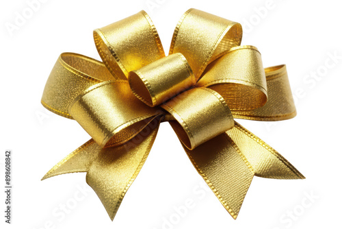 Beautiful golden ribbon bow, perfect for gift wrapping and decoration. Isolated on transparent background, png.