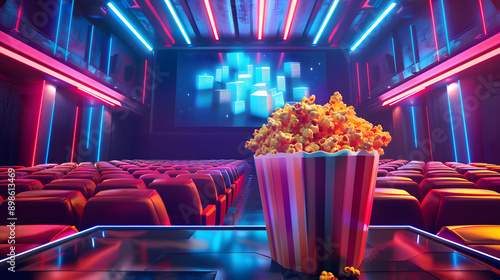 A bucket of popcorn sits in the front row of an empty movie theater, ready for a film. Neon lights illuminate the screen and seating.