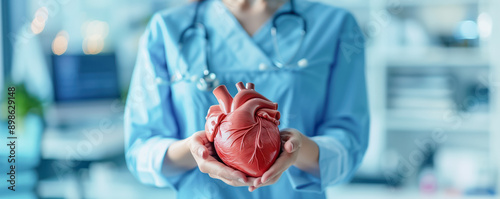 Hands of a doctor holding human heart. Health and cardiological diseases concept.