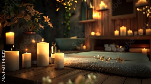 A spa setting with candles, essential oils, and a massage table ready for a relaxing treatment.