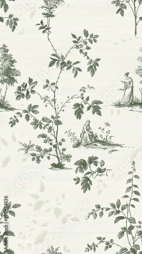 Lush French Country Garden Toile de Jouy Wallpaper Design with Pastoral Scenes and Verdant Foliage