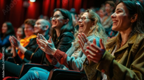 Audience at a show, clapping in joy. Various attire, red curtains hint at theatre. Joyful celebration with hats and coats.