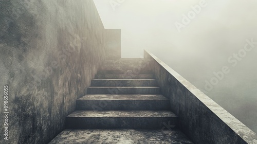 Concrete stairs leading upwards into a foggy and mysterious environment. The stairs symbolize progress and the unknown.