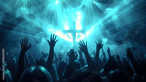 A vibrant worship scene featuring a large silhouette of a cross illuminated by dynamic blue lights and hands raised in the air, symbolizing praise and spiritual connection. 