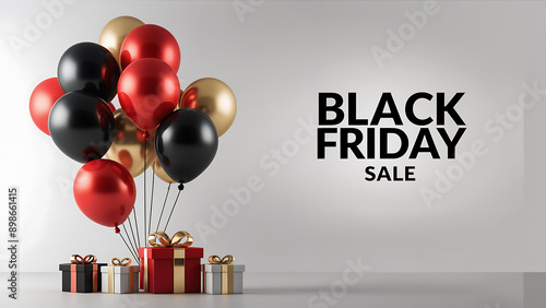 Black Friday, gift boxes and balloons Red, black, gold Shopping Concept