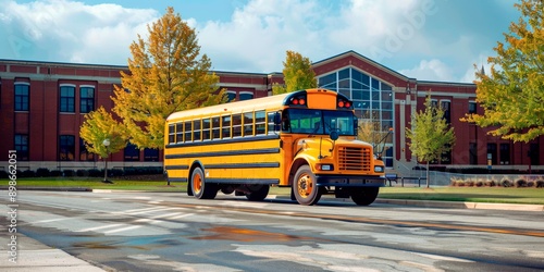 American yellow school bus in front of an elementary school building on a sunny day. American style architecture , copy space for text