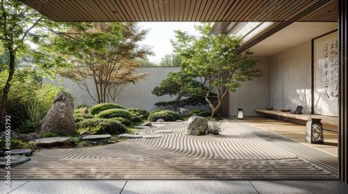 A peaceful Zen garden with meticulously arranged sand patterns, rocks, and greenery, exemplifying tranquility and Japanese landscaping aesthetics.