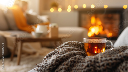 Cozy autumn evening with a warm cup of tea, a knitted blanket, and a crackling fireplace in a comfortable living room setting.