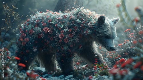 Floral Adorned Bear Wandering in Enchanted Forest Nature Scene