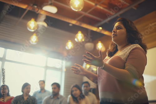 Woman giving a presentation in modern office with colleagues, discussing project, explaining ideas, leadership concept