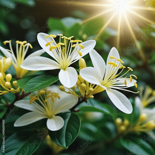 Honeysuckle blooms in the garden. White and yellow flowers of Lonicera Caprifolium against of green leaves. Floriculture and horticulture. Arching shrubs or twining vines in the family Caprifoliaceae