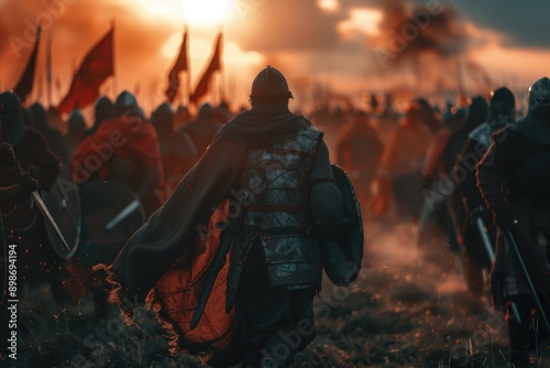 A group of medieval warriors marching across an open field, perhaps on their way to battle or a tournament