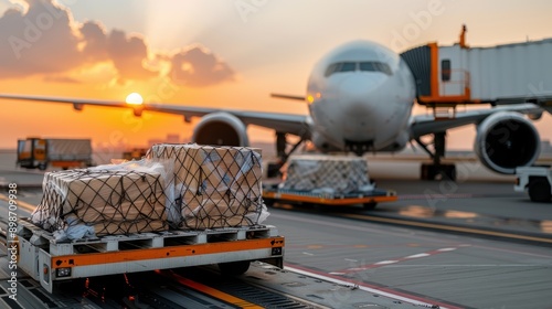 An image showing loaded carts at an airport with cargo, ready to be shipped via air freight, emphasizing the importance of transportation and logistics in global trade.