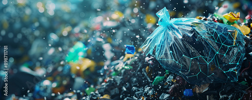 Overflowing garbage pile with digitally generated blue lines indicating data and analytics. Environmental issues, waste management, pollution tracking, recycling strategies, sustainability concepts.