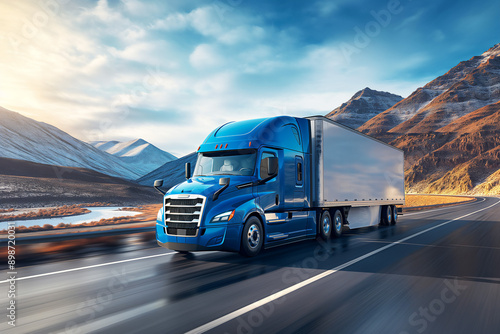 Blue semi-truck with white cargo trailer on highway, mountain landscape in background, blur speed motion, copy space