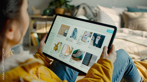 Detailed shot of an online store interface on a tablet, showing product images, descriptions, and prices, with hands holding the device 