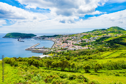 View of Horta port from Nossa Senhora da Conceicao viewpoint on coast of Faial island, Azores, Portugal, Faial island, Azores, Portugal