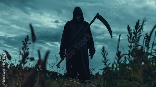 A person holding a scythe stands in a field, harvesting crops