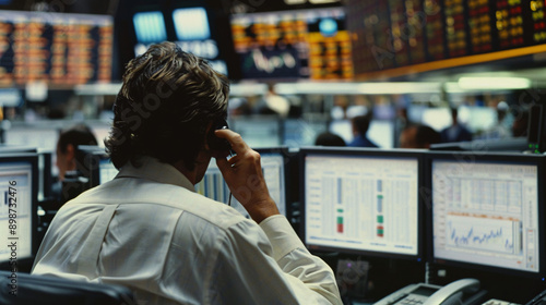 A detailed view of a stock market trading floor, bustling with activity as traders monitor stock prices and make transactions 