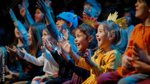 Kids showcasing their homemade costumes on a makeshift stage, the audience clapping and cheering, left third copy space. Creation, Joy, Magnificence