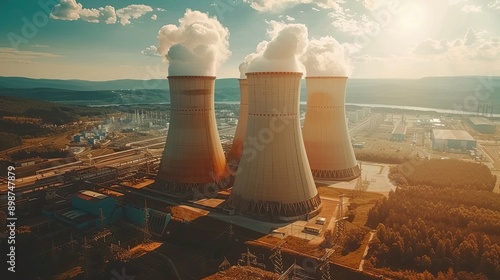 The thermal power plants spew thick and billowing smoke into the sky, creating a sense of danger. Cooling towers showing evaporating water. The concept of industrial activity and pollution.