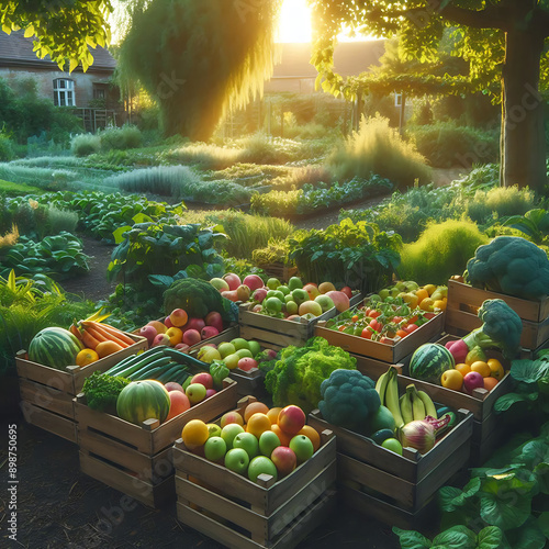 frisch geerntetes Obst und Gemüse bunt in Kisten und Körben in einem rustikalen Bauern Garten im Licht warmer Sonnenstrahlen sommerlich reiche Ernte gesund köstlich stimmungsvoll Bio- Öko- Zutaten