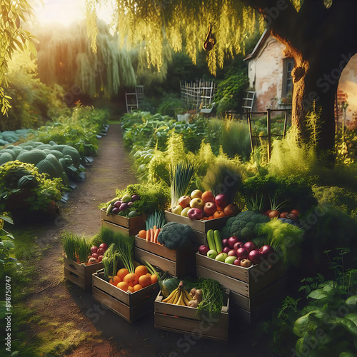 frisch geerntetes Obst und Gemüse bunt in Kisten und Körben in einem rustikalen Bauern Garten im Licht warmer Sonnenstrahlen sommerlich reiche Ernte gesund köstlich stimmungsvoll Bio- Öko- Zutaten